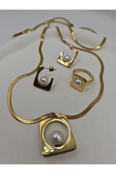 YUGENCONCEPT Tatlı Su İncili Square Çelik Set (Kolye-Küpe-Yüzük)