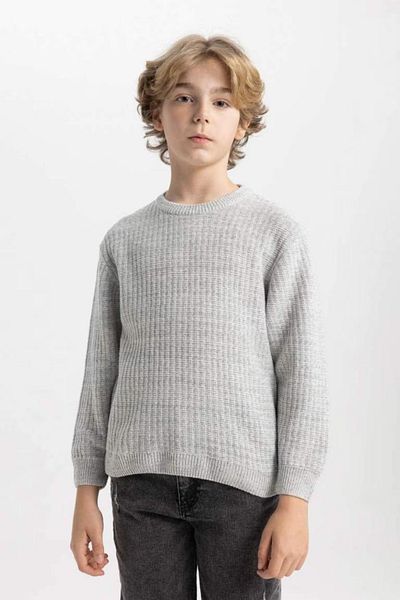 DeFacto Boy's Gray Crew Neck Basic Plain Knitwear Sweater C9468A824Au