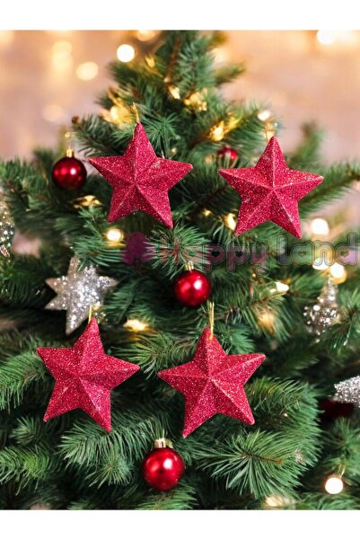 Happyland Yılbaşı Ağacı Süsü 4'lü Kırmızı Renkli Yıldız Süs 7 cm