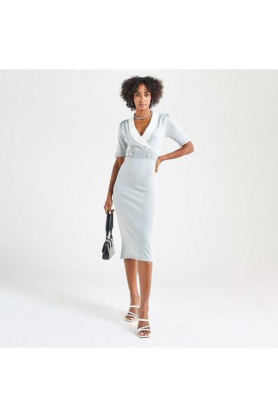 FAV Solid Lapel Dress with Short Sleeves and Button Detail
