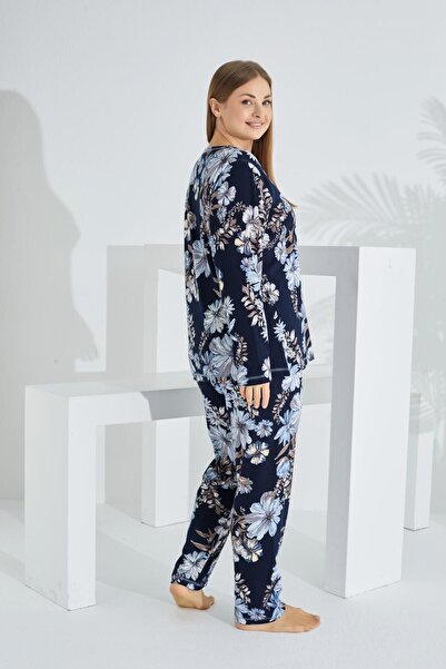 Etoile LACİVERT Квітковий великий розмір бавовняний жіночий піжамний комплект - довгий рукав