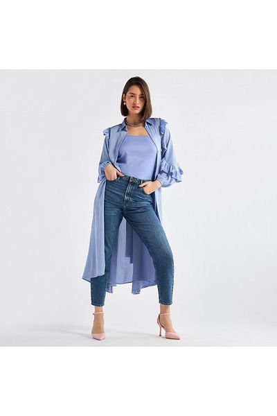 FAV Striped Asymmetric Midi Dress with Ruffle Sleeves