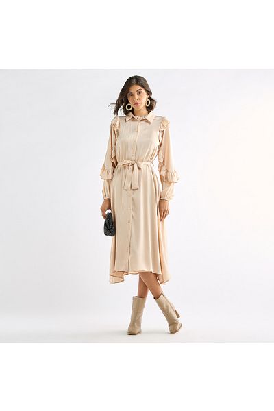 FAV Striped Asymmetric Midi Dress with Ruffle Sleeves