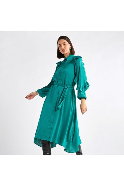 FAV Striped Asymmetric Midi Dress with Ruffle Sleeves
