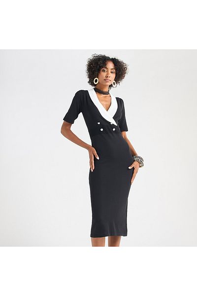 FAV Solid Lapel Dress with Short Sleeves and Button Detail