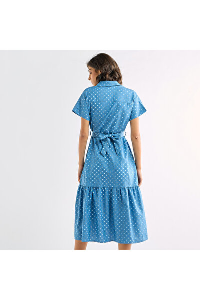 FAV Polka Dot Print Shirt Dress with Pockets and Tie-Up Detail
