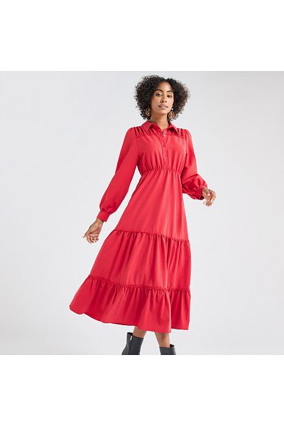 FAV Solid Tiered Midi Dress with Puff Sleeves and Collar