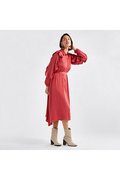 FAV Striped Asymmetric Midi Dress with Ruffle Sleeves