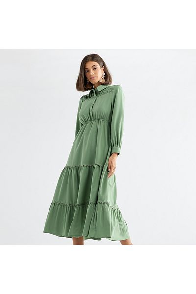 FAV Solid Tiered Midi Dress with Puff Sleeves and Collar