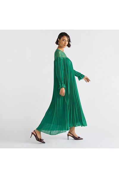 FAV Pleated Lace Detail Maxi Dress with Long Sleeves