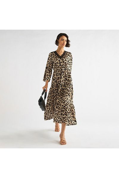 FAV All-Over Animal Print Tiered Midi Dress with Lace Detail and 3/4 Sleeves