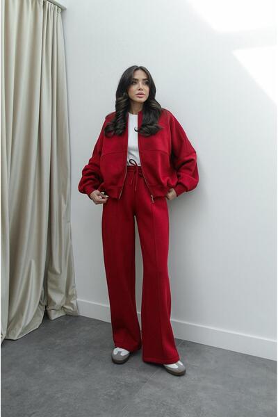 Havoş طقم بنطال من النوع الثقيل باللون العنابي مع تفاصيل خياطة أمامية