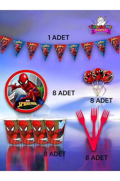 VibeHome Spiderman Themed Eco Set for 8 People - Birthday Party and Fun Events