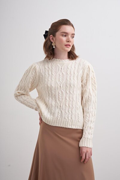 inspiration Saçlı Pileli Crop Kazak Ekru
