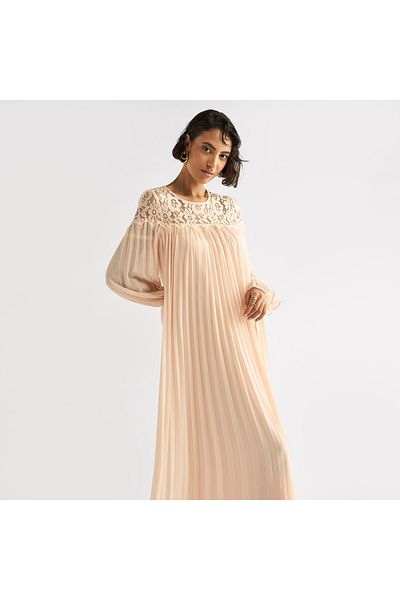 FAV Pleated Lace Detail Maxi Dress with Long Sleeves