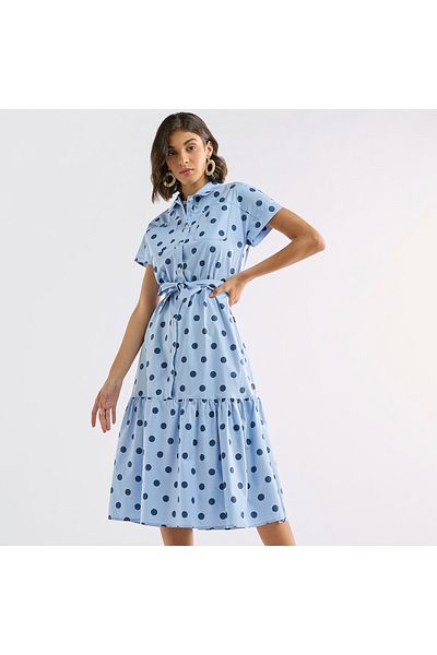FAV Polka Dot Print Shirt Dress with Pockets and Tie-Up Detail