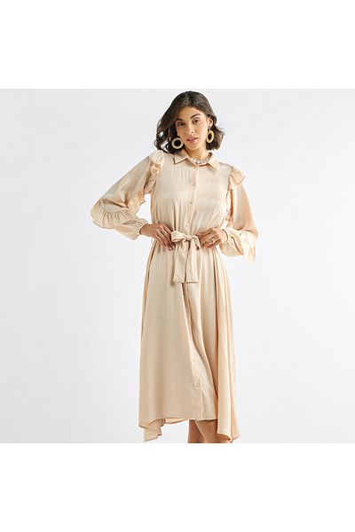 FAV Striped Asymmetric Midi Dress with Ruffle Sleeves