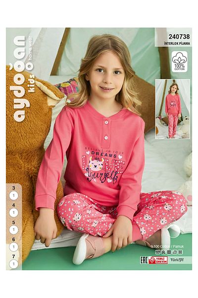 Aydoğan Pomegranate Flower Color Girls' Pajamas Set - Long Sleeve, Half Button, 100% Cotton, 3-7 Years 240738