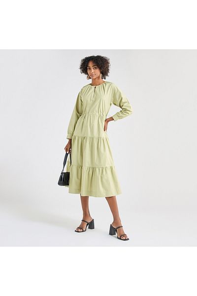 FAV Solid Tiered Long Sleeves Dress with Cord Lock Waist