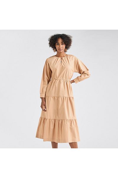 FAV Solid Tiered Long Sleeves Dress with Cord Lock Waist