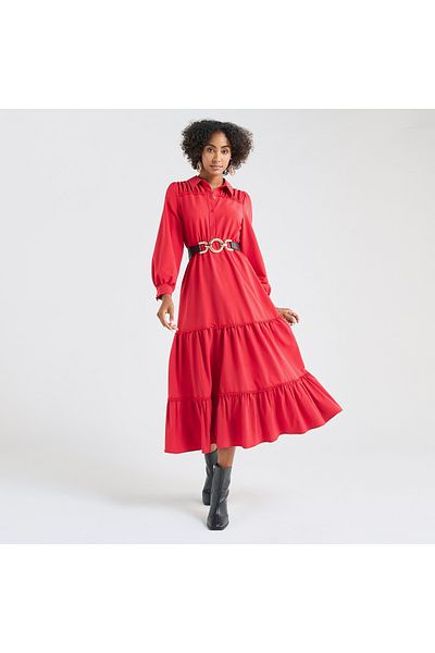 FAV Solid Tiered Midi Dress with Puff Sleeves and Collar