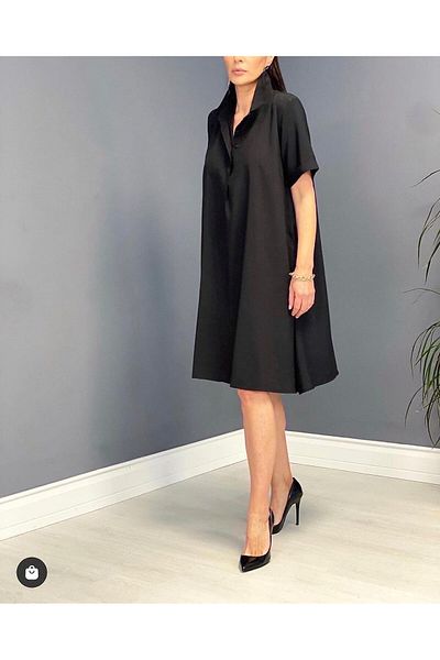 Natavanbutık Black Shirt Collar Short Sleeve Basic Dress