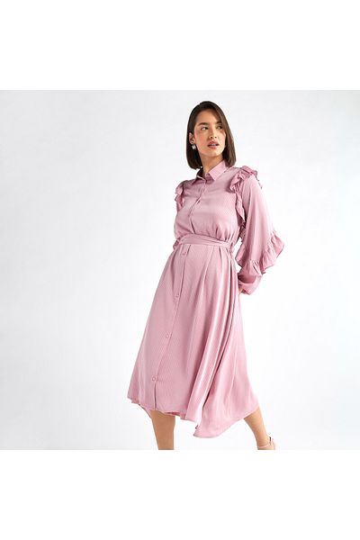 FAV Striped Asymmetric Midi Dress with Ruffle Sleeves