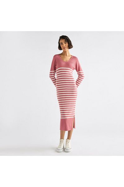 FAV Striped V-neck Dress with Long Sleeves