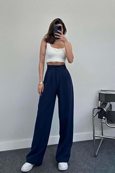 trendalisse Navy Blue Palazzo Fabric - Wide Leg Pleated Women's Trousers