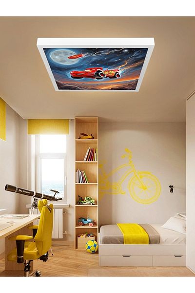 Gökyüzü Panel Lightning Mcqueen Chandelier, 60X60 Children's Room Chandelier, 60Watt, Aesthetic Square, Artificial Intelligence Design Chandelier,