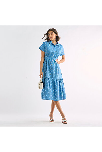 FAV Polka Dot Print Shirt Dress with Pockets and Tie-Up Detail