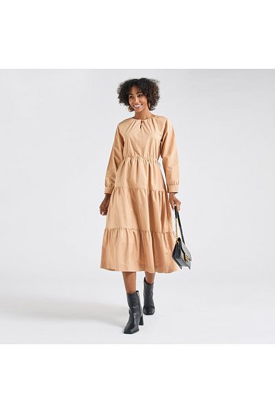 FAV Solid Tiered Long Sleeves Dress with Cord Lock Waist