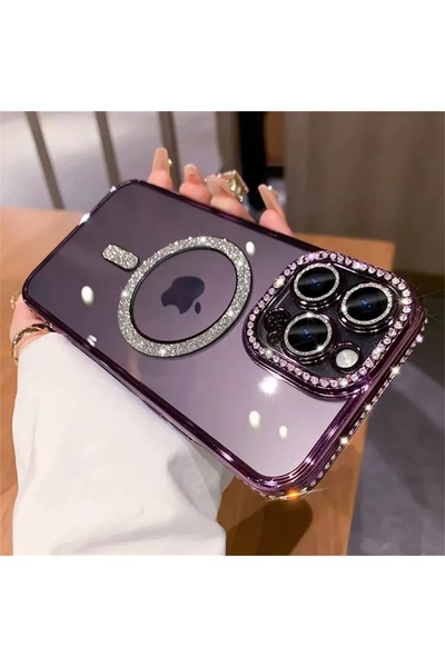 EDELFU İPhone 14 PRO MAX Yanları Taşlı Kamerası Korumalı ve Simli Magsafeli K...