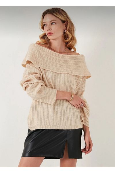 Zentoni Women's Madonna Collar Knitwear Sweater with Beige Open Shoulder