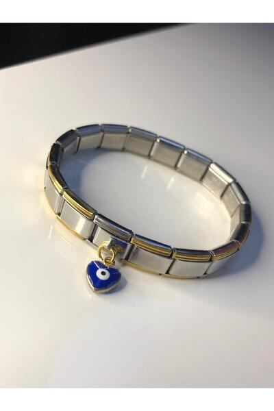 Italian Charm Nomi Steel Bracelet • Evil Eye Beaded Heart Detail • Lover • Wife • Gift Bracelet