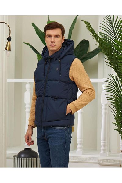 Danger Men's Removable Hooded Sports Puffer Vest Navy Blue