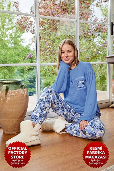 Aydoğan Kadın Pijama Takımı Mavi Kışlık Termal Bisiklet Yaka Uzun Kollu B4-4 - 30010 - Aydogan ®