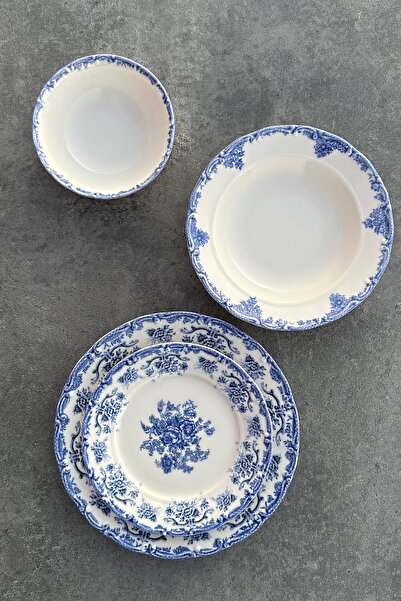 porselenden Antique Baby Blue 24 Parça 6 Kişilik Premium Porselen Yemek Takımı Özel Vintage Mavi Çiçek