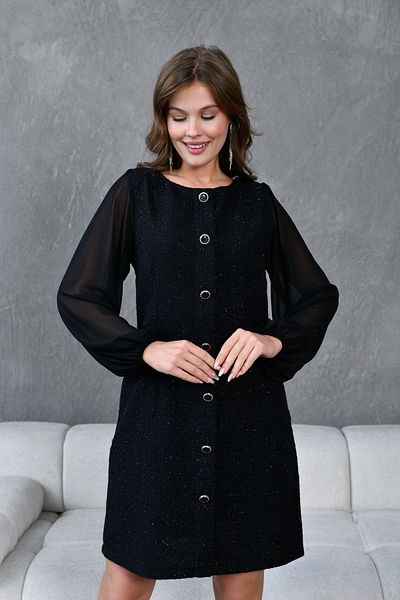 Moda Amore Button and Back Detail Tweed Fabric Chiffon Sleeves Women's Evening Dress 022