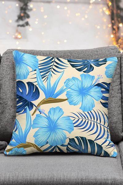 Royalte Set de 4 fețe de pernă din catifea cu model de hibiscus și Starlize în culori boeme albastre crem