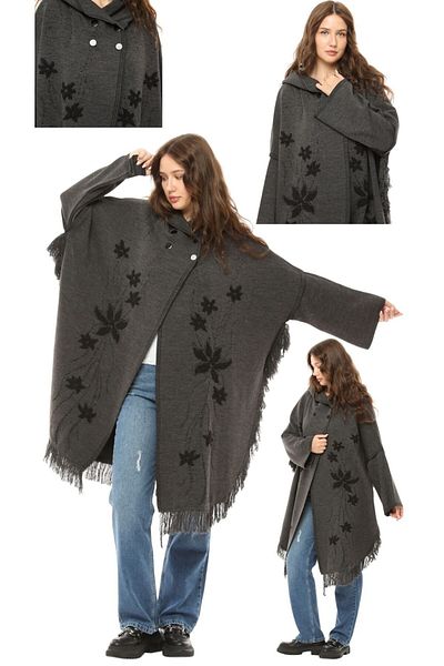 marufshop Women's Large Size Tassel Detailed Hooded Winter Thick Daisy Patterned Poncho