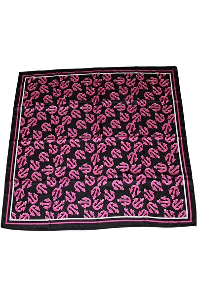 TikiTonki Pembe Çapa Figürlü Saten Siyah Eşarp - Kare Kesim | 90x90