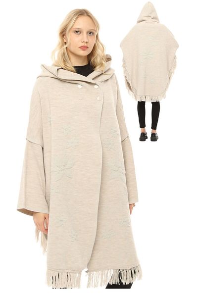 marufshop Women's Large Size Tassel Detailed Hooded Winter Thick Daisy Patterned Poncho