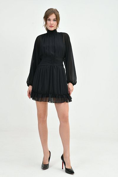 WOMAN VISION Rochie neagră din șifon - căptușită, decoltată la spate, guler vertical, mânecă lungă cu balon 066