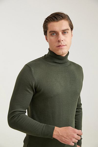 D'S Damat Regular Fit Khaki Plain Knit Wool Blend Sweater