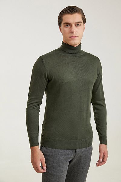 D'S Damat Regular Fit Khaki Plain Knit Wool Blend Sweater