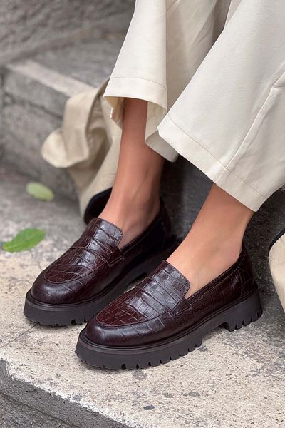 NİŞANTAŞI SHOES Queena Women's Shoes - Brown Patterned, Genuine Leather, Thick Sole