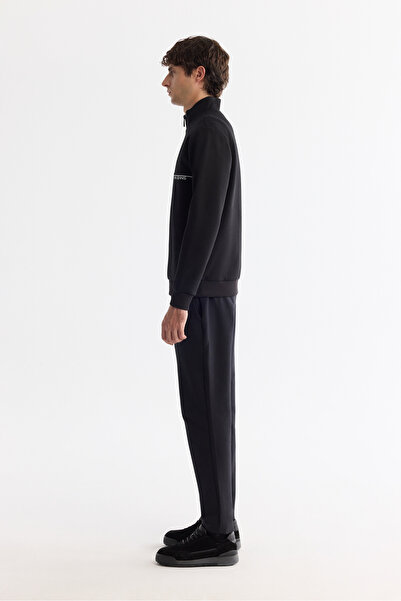 Avva Erkek Siyah Dik Yaka Fermuarlı Baskılı Pamuklu Regular Fit Sweatshirt A42Y1367