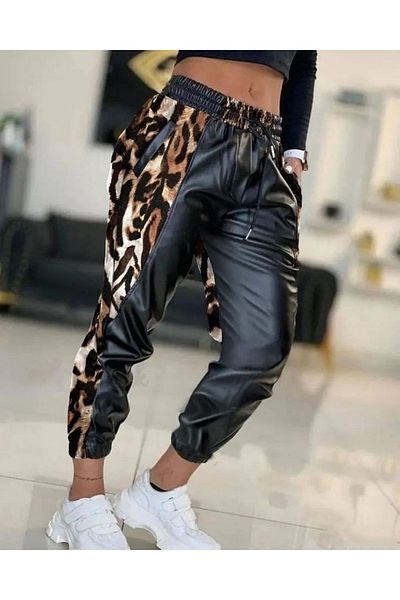 Modayakamoz Women's Waist and Leg Elastic Detail Leopard Detail Laced Leather Trousers