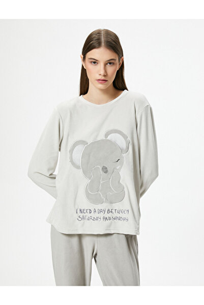 Koton Kışlık Polar Pijama Üstü Ayıcıklı Uzun Kollu